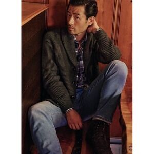 J Mclaughlin Men's Roy Shawl Neck Cardigan‎ Sweater Large 100% Merino Wool Brown